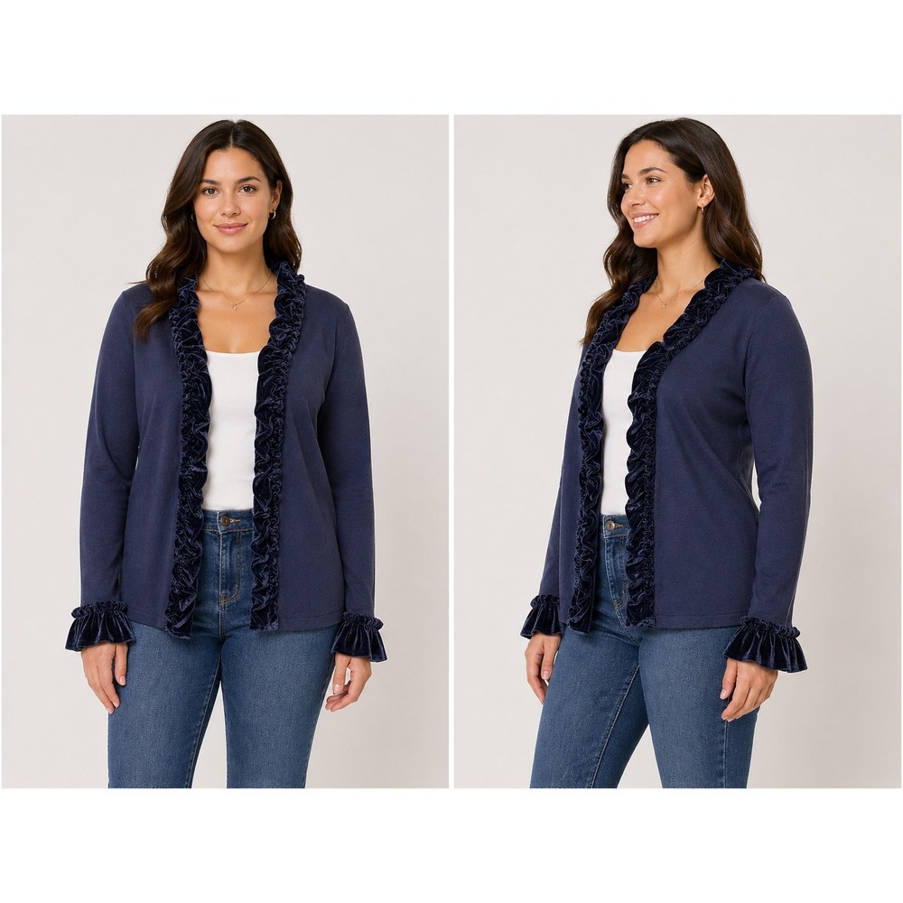VTG Y2K Dressbarn Navy Blue Knit Cropped Cardigan Velvet Ruffle Trim Shrug M NWT
